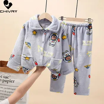 Yeni 2021 Çocuk Erkek Kız Sonbahar Kış sıcak Pazen Pijama Setleri Karikatür Uzun Kollu Yaka Üstleri Pantolon Uyku giyim setleri