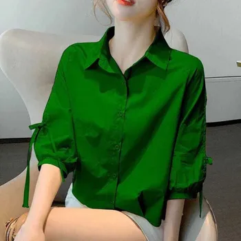Yaz Katı Gömlek kadın Fener Kollu 2022 Yeni Kore Versiyonu Pamuk Nefes Üstleri Kadın Yay Basit Moda Kadın Bluz