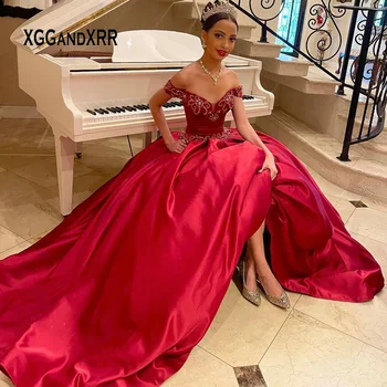 BestBridalDress Quinceanrea Elbiseler 2022 Kırmızı Sevgiliye Kristal Boncuklu Uzun Saten Balo Elbise Tatlı 15 16 Prenses Pageant Törenlerinde