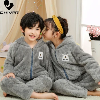 Yeni 2021 Çocuk Erkek Kız Sonbahar Kış sıcak Kaşmir Pijama Setleri Kapşonlu Uzun Kollu Yaka Üstleri Pantolon Uyku giyim setleri