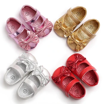 Ilkbahar Ve Sonbahar Yumuşak Taban Düz ShoesCute Yay Düğüm Düz Renk Parlak Yüz 0-18 Ay Bebek Elbise Prenses ayakkabı bebek ayakkabısı