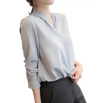 2022 Bahar Moda Kadın Gömlek Casual Gevşek Uzun Kollu Düz Renk Bluz Tüm uyumlu Polyester V Yaka Şifon Gömlek Ofis