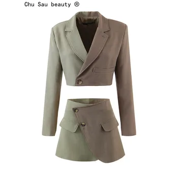 2021 Sonbahar Kış Yeni Ofis Bayanlar Kısa Patchwork Blazers Takım Elbise Ceket Kırpılmış Üst + Yüksek Bel Mini Etek günlük giysi Kadın