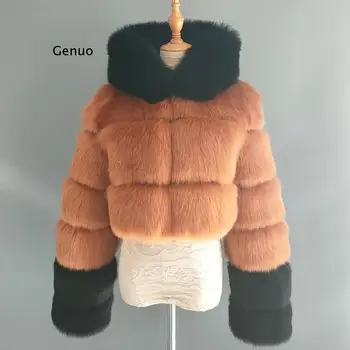 Kış Kadın Yüksek Kaliteli Kabarık Taklit Kürk Ceket kadın Kış Ceket Şapka Tilki Kürk Dikiş Renk Eşleştirme Kürk Ceket