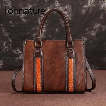 Johnature Vintage Doğa İnek Derisi kadın büyük el çantası Çantası 2022 Yeni Hakiki Deri Lüks Çanta Büyük Kapasiteli omuz askılı postacı çantaları