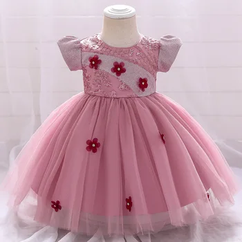 2021 Kızlar rahat elbise 9Months-5Years Yürümeye Başlayan Örgü Çiçek Aplike Kabarık Kollu Tutu Prenses Elbise Zarif düğün elbisesi