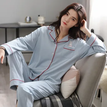 100 % Pamuklu Pijama İki Parçalı Set Kadın Pijama 2022 Yeni Sonbahar Katı Salonu Aşınma Uzun Kollu Kadın Kış Ev Giysileri Pijama