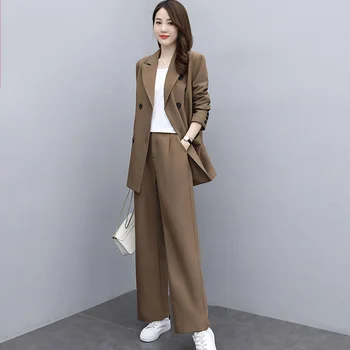 Kadın Moda Blazer Düz Renk Ve Geniş Bacak pantolon seti Uzun Kollu Ceket Uzun Pantolon İngiltere Tarzı İnce Takım Elbise Mizaç Setleri