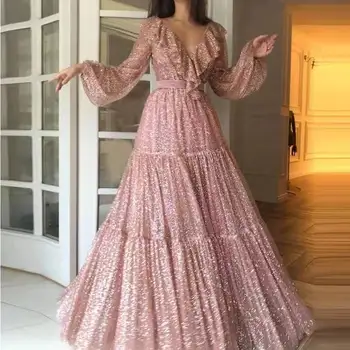 2021 Sonbahar Yeni Mizaç kadın elbisesi Seksi V Yaka Prenses Kollu Pullu Paspas Etek Büyük askı elbise Uzun Etek Kadın