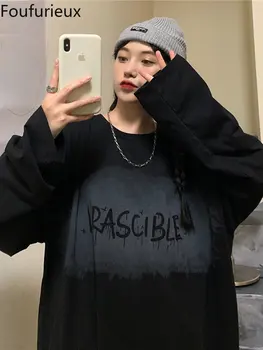Foufurıeux Kadın T-shirt Retro Streetwear Harajuku O-Boyun Mektup baskılı tişört Erkekler Kore Moda Gevşek Uzun Kollu Üst Gençler
