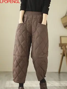 Yeni kadın Sonbahar Ve Kış Düz Renk Eşkenar Dörtgen Aşağı Pantolon Retro Toka pamuklu pantolonlar Yastıklı Kalın Sıcak Elastik Bel Pantolon
