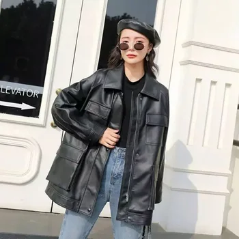 Moda Büyük Cep Kadın Mont 2022 İlkbahar Sonbahar Şık Gevşek Tasarım Pu Deri Moto Ceketler BF Tarzı Vintage Kadın Giyim