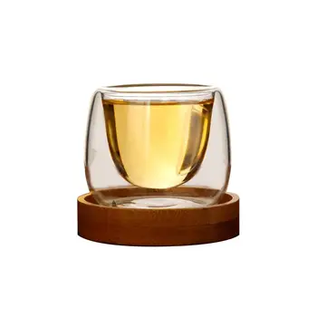 Çift katmanlı çay bardağı Ahşap Tutucu İle El Yapımı ısıya dayanıklı Cam Küçük Şarap kahve fincanı cam kupa çay seti yalıtım