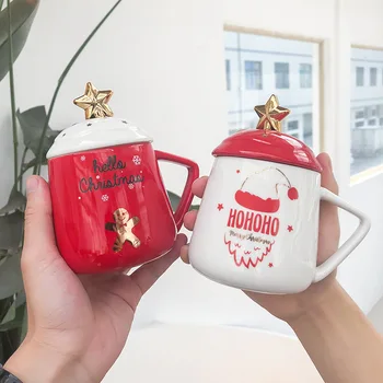 Yaratıcı Sevimli Kız Kırmızı Karikatür Noel seramik kapaklı bardak Kaşık Kişilik Büyük Göbek Kupa Çift Kahve Fincanı