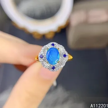 Güzel Takı 925 Ayar Gümüş Kakma Doğal Taş kadın Klasik Moda Oval Mavi Opal Ayarlanabilir Yüzük Desteği Dete