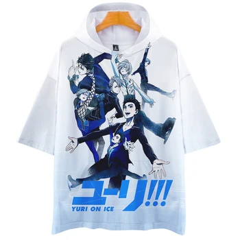 Buz üzerinde Yuri Anime Kapşonlu Tshirt Kadın Erkek kısa kollu t-shirt Harajuku Streetwear 2022 Rahat Tarzı Japonya Manga 3D Elbise