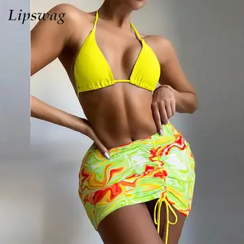 Moda Halter Üst + Tanga + Etek Cover-up 3 Parça Mayo 2023 Kravat boya Kadın Bikini Setleri Seksi Push Up Backless Lace Up Beachwear