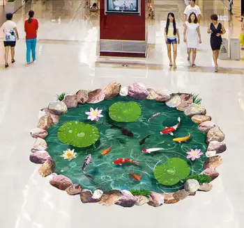 Ev Dekorasyon 3D stereoskopik lotus goldfish taş zemin 3d zemin duvar kağıtları PVC su geçirmez zemin