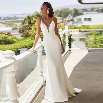 2022 Kadınlar Basit Spagetti Sapanlar Mermaid düğün elbisesi Beyaz Backless Uzun V Boyun Gelin Balo gece elbisesi Gelin