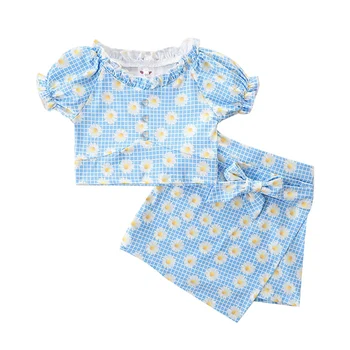 Pudcoco 1-6T 2 Adet Bebek Kız Ayçiçeği Çiçek Baskı Kelebek Mavi Fırfır V Yaka Üstleri + A-Line Dantel-Up Mini Yay Etek Kıyafet Setleri