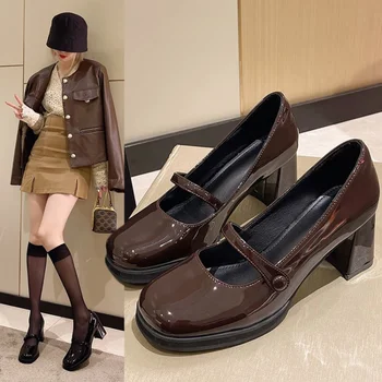 Vintage Kalın Yüksek Topuklu Mary Jane Ayakkabı Kadınlar 2022 Patent Deri kahverengi ayakkabı Kadın Yuvarlak Ayak Tıknaz Topuklu Pompalar Mujer Yeni