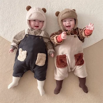 Kış İkizler Eşleştirme Kıyafetler Bebekler Çocuklar için Kız Erkek Askı Tulumlar Cepler ile Yürümeye Başlayan Rahat Tulum Çocuk Kıyafet