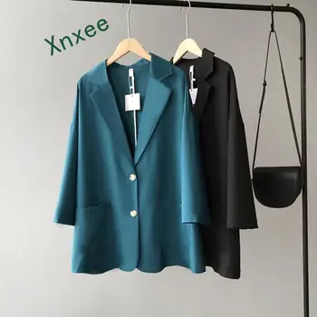 Xnxee Kadın Blazer Uzun Kollu Yeşil Siyah Takım Elbise Ceket Retro Klasik Ceketler Şık Turn-aşağı Yaka Üstleri OL Temel Düz Bluz