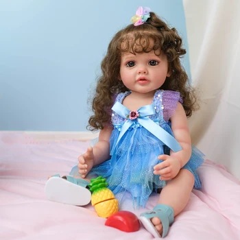 55 cm / 21.65 in Simüle Mavi Elbise Hediye Gülen Yüz İnteraktif Oyuncak Bebek Hediye Bebek için Yeni Yıl Relax Oyuncak