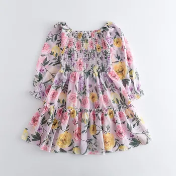 Bahar Sonbahar kız elbisesi Kare Yaka Prenses Çiçek Elbise Fener Kollu Küçük Kızlar Şifon uzun elbise 2 3 4 5 6-8T