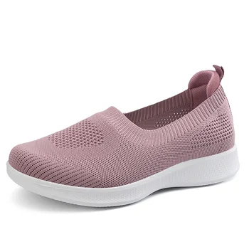 Kaymaz kadın rahat spor ayakkabılar nefes streç kumaş giyilebilir düz ayakkabı düz renk ışık yumuşak taban yürüyüş ayakkabısı
