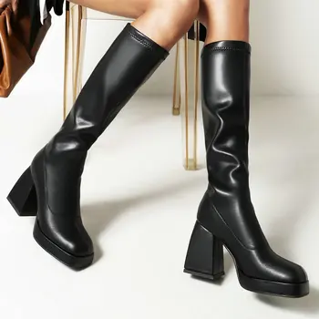 Punk Tarzı Sonbahar Kış Çizmeler Elastik Mikrofiber Ayakkabı Kadın Orta Buzağı Çizmeler Yüksek Topuklu Siyah Kalın Platformu Uzun Diz Yüksek çizmeler