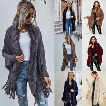 Sonbahar Kış moda Lüks kadın sıcak Kürk yaka Pelerin hırka Kazak Ceket ceket
