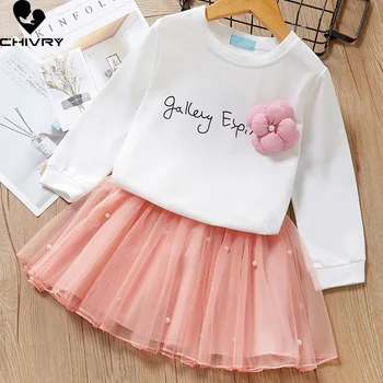 İki parçalı Kız Elbise giyim setleri Yaz 2022 Bebek Kız Mektup Baskı Çiçek Uzun Kollu T Shirt Etek Çocuk Giysileri Takım Elbise