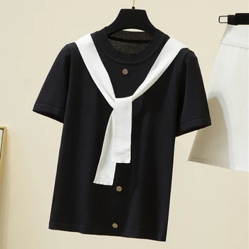 Yaz Yeni İnce Örme T-Shirt Kadın Kore Moda Rahat Kısa Kollu Siyah Denizci Boyun Katı Tişört Tee Gömlek Femme Tops