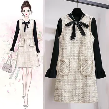 Sonbahar Yüksek Bel Moda Kadın İki parçalı Setleri Elbise Setleri Kore Moda Basit O-Boyun Yün Elbise Uzun Kollu Bayan Takım Elbise X985