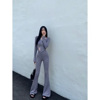 Gri Örme Rahat Geniş Bacak Pantolon kadın Sonbahar Pantolon + uzun Kollu Örme Üst 2022 Yeni Stil Yüksek Bel İnce Mikro Boynuz Pantolon