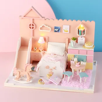 LED Kedi Prenses Yatak bebek evi mobilya dıy dollhouse ahşap dıy bebek evi minyatür dollhouse mobilya çocuk bulmacaları Oyuncak