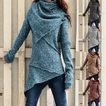 Moda Kadın Balıkçı Yaka Uzun Kollu Kazak Elbise Sonbahar Kış Vintage Katı Örme Kazak Düzensiz Hem İnce Jumper 2021