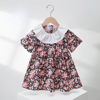 Tatlı Çiçek Prenses Kız Elbise 2022 Yaz Dantel Yaka Flare Kollu günlük Elbiseler 3-6 Yıl çocuk Giysileri Çocuklar Elbiseler