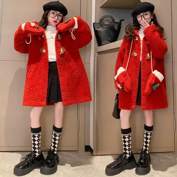 Sevimli Lambswool kapüşonlu ceket Çocuklar Faux Kürk Ceket Orta uzunlukta Sıcak Kürk Palto Büyük Boy Artı Boyutu Genç Okul Noel Giyim 