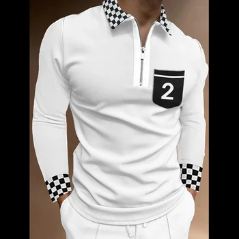 Yeni Erkekler Polo Gömlek Uzun Kollu Moda Baskı Fermuar Renk Eşleştirme Giyim Lüks Bahar Erkek Tee Gömlek Üst