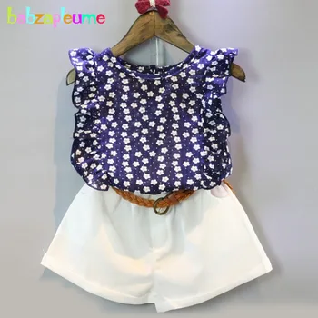 2 ADET/2-6Years / Yaz Bebek Kız Kıyafetler Butik Çocuk Giyim Seti Mavi Çiçek T-shirt + Beyaz Şort Çocuk Giysileri Takım Elbise BC1249