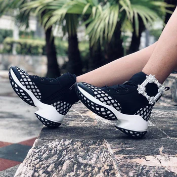 Koovan Kadın Hakiki Deri gündelik spor ayakkabı Botları 2021 Yeni Artan Net Kumaş Elmas Yüksek Toka Sneakers Kızlar İçin