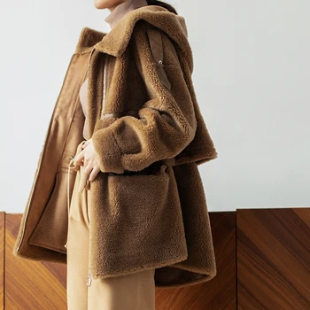 CARECODE Annelik Kış Yün kapüşonlu ceket Tam Polar Cep Bel İpli Granül Kazık Dış Giyim Gebelik Kadınlar İçin