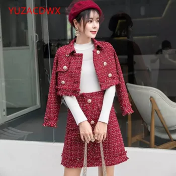 YUZACDWX Tüvit Seti Kadın Tasarımcı Kruvaze Yün Kısa Ceket Ceket + Zarif Mini Etek Sonbahar Kış Bayanlar 2 Parça Set