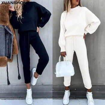 XUANSHOW 2022 Sonbahar / Kış kadın Eşofman Gevşek Yüksek Yaka Rahat Düz Renk Puf Kollu Cep İki parçalı Takım Elbise Eşofman