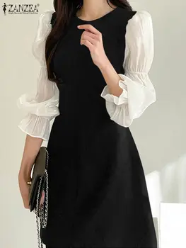 ZANZEA Kore Tarzı O Boyun Mini Elbise Casual Kadın Şifon Puf Kollu evaze elbise 2022 Moda Toplar Zarif Kısa Vestidos