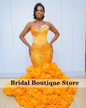 Lüks Afrika Mermaid Akşam Elbise Ruffles Sheer Boyun Kristal Rhinestones Düğün Balo Abiye Özel Durum Elbiseler De Soirée