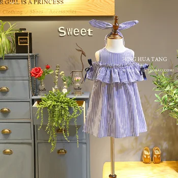 Kızlar Çizgili yaz elbisesi Kızlar Rahat fırfırlı kapalı Omuz Kolsuz Doğum Günü Partisi Prenses Özel Elbise