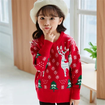 2021 Çocuk Noel Kazak Kıyafetler Kız Sonbahar Kış Karikatür Geyik Uzun Kollu Yuvarlak Boyun Kazak Örme Üstleri 3-8 yıl